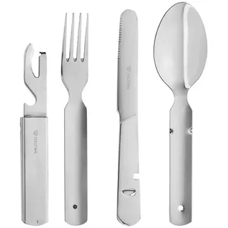 Gräwe Campingbesteck 4-teilig, Bundeswehrbesteck, Besteckset aus Edelstahl, Outdoor Besteck Set, zusammensteckbar, mit Flaschenöffner, Dosenöffner und Brotmesser