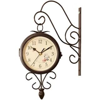 Milageto Doppelseitige Bahnhofsuhr, Vintage-Wanduhr mit Halterung, wasserdichte Gartenuhr für den Außenbereich, Retro-Eisenbahnhofsuhr, 22 cm, große Hängeluhr für den Innen- und Außenbereich, Stil e