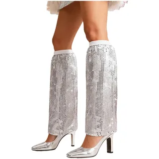 1 Paar Pailletten Stulpen Silber Glitzer Stulpen,Abba Kostüm Damen Beinstulpen,Metallic Silberne Retro Hippie 70er 80er Disco Accessoires Outfit Stiefel für Fasching Karneval Discokugel,Mottoparty - Einheitsgröße