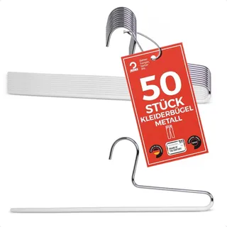 MAWA Design MAWA Hosenbügel, Set mit 50 platzsparenden Kleiderbügel, ideal für Jeans, Stoffhosen und Anzughosen, mit antirutschbeschichtetem Steg, 35 cm, weiß