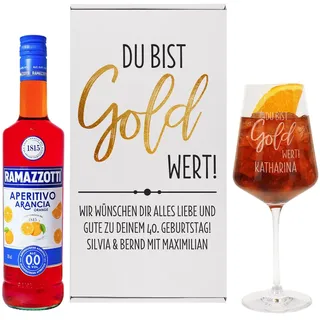 Herz & Heim® Glitter Geschenkset mit graviertem Glas, Geschenkbox und Glitter Spritz Flasche, Motivauswahl, personalisiert (Du bist Gold wert (Ramazzotti Aperitivo alkoholfrei))