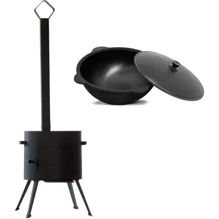 Ø36 Uchag mit Abzugs-Rohr - Utschak Feuerstelle Feldküche Außenküche Eintopfofen - Feuerofen mit Kazan 10 L aus Gusseisen - Gulaschkanone Uchak Utschag - Tatarskij Plow BBQ Grillen Geschenk