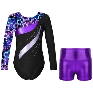 JHSDHYD Turnanzug mädchen Kinder Langarm Ballett Tanz Outfits Kinder Gymnastik Trikots Overall mit Shorts Dancewear Sets for Mädchen Yoga Unitard(Neon Black,10)