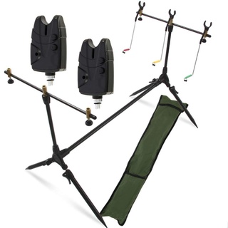 G8DS® Set Rod Pod Rutenhalter + Tragetasche inklusive 2 Bissanzeiger mit Lautstärke- und Tonregler für 9V Block Karpfen Angeln