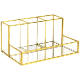 Intirilife Make Up Organizer aus Glas für Kosmetik mit Gold Rand und Spiegelboden - 20.1 x 14.2 x 10.3 cm Schmink Aufbewahrungsbox für Pinsel