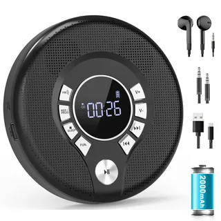 Greadio Bluetooth CD Player Tragbar mit Kopfhörer Discman CD-Player | Anti-Skip/Stoßfest und 2000mAh Wiederaufladbarer, Kompatibler FM-Sender, USB, AUX-Ausgang, HiFi-Doppellautsprecher für Auto