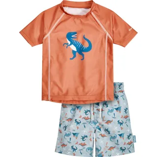 Playshoes Unisex Kinder UV-Schutz Bade-Set zweiteilig Schwimmshirt Badeshorts Badebekleidung, Dino Ocker, 122/128