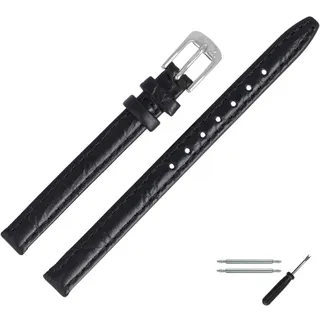 MARBURGER Uhrenarmband 10mm Leder Schwarz Silber Kroko (Caiman) Prägung Mit Naht - Montage Set 5291010000120