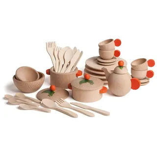 Erzi 10677 Koch- und Geschirrset Natur aus Holz, Kinderküche, Kaufladenartikel für Kinder, Rollenspiele