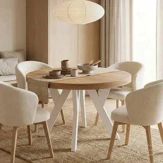 Dekori Möbel Runder Ausziehbarer Tisch für Esszimmer mit Holzbeinen, Pero, Loft-Stil, Skandinavische, Durchmesser Varianten: von 90 bis 220 cm (Eiche Artisan/Weiß, 90/190 cm)