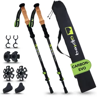 Alpteq® Carbon Wanderstöcke Teleskop - Modell Zugspitze Grün – Ultraleichte Trekkingstöcke für Damen, Herren & Kinder | Verstellbar 65–135 cm | Nordic Walking Stöcke mit Korkgriff