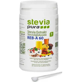 steviapura | Reines Stevia-Extrakt Pulver - Steviosid - Hochkonzentriertes Süßungsmittel aus der Pflanze | 100% Stevia davon Reb-A 60% OHNE Zusätze | OHNE Zucker | 100 g Dose mit Dosierlöffel