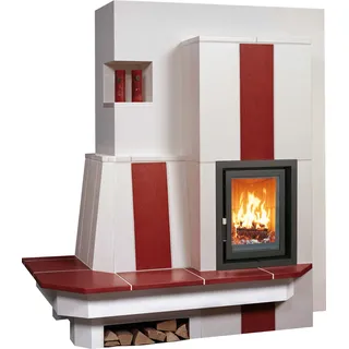 Kachelofen 5/110.0 9 kW - quarz-weiß/deco-rot - Premio - Bank links