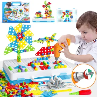 Symiu Steckspiel Spiele ab 3 Jahren Mosaik mit Elektrische Bohrmaschine, 3D Puzzle Montessori Spielzeug ab 3 Jahre Werkzeugkoffer Kinder Akkuschrauber, Lernspielzeug ab 3 4 5 Jahren Geschenk Jungen Mädchen