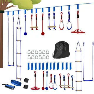AIYAPLAY Ninja Line Kinder 10m Slackline Set mit Turnringe, Schaukel, Kletterleiter, Baumschutz, Kletterstangen, Hängetablett Outdoor Spielset Ausrüstung für 3-6 Jahre Kinder Blau+Rot