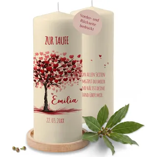 Taufkerze - Taufe - Lebensbaum mit Name und Wunschtext - Deko personalisiertes Taufgeschenk - 230/78 mm - Elfenbein