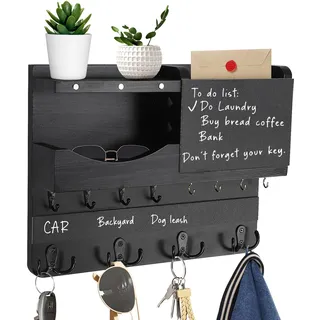 JKOKPMG Schlüsselbrett mit Ablage, Schlüsselkasten Holz,Schlüsselbrett mit Edelstahlhaken,Schlüsselablage Wand, Schlüsselboard aus Buche,Schlüsselhaken Key Holder Modern (Schwarz)