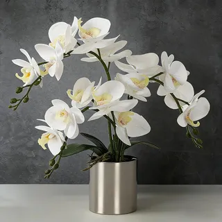 LESING Künstliche Orchideen-Blume mit Vase, weiße Orchidee, Bonsai, künstliche Orchidee, Phalaenopsis, Blumentopf, Arrangements für Heimdekoration (weiß, silberfarbene Vase)