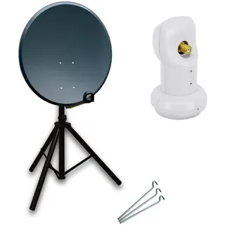 PremiumX Camping Satelliten-Komplettanlage 60cm Satellitenschüssel Aluminium SAT Single LNB Dreibein-Stativ