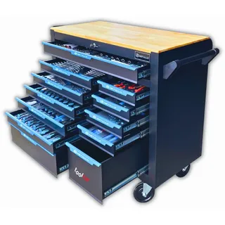 toolcar Werkzeugwagen bestück/Werkstattwagen bestück - Werkzeugschrank, gefüllt, mit 12 Schubladen (10 mit Werkzeuge, 2 leer), Werkzeugwagen mit Werkzeuge, Rollwagen mit Schubladen