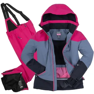 Killtec Mädchen Skianzug Größe 176 wasserdicht 10.000 mm Wassersäule - Skijacke Blaugrau Pink, Skihose Pink - 176