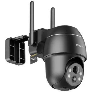 COOAU Überwachungskamera 2K Überwachungskamera Aussen Akku Kabellos mit 32G Speicher Karte (Aussen, Außenbereich, außen, 355°/90° Schwenkbar WLAN IP Kamera Outdoor mit Nachtsicht in Farbe, Personen-/Bewegungserkennung, IP66, Cloud-Speicher, Works with Alexa, Audio- und Lichtalarm H.265-Videokomprimierung 4 Spotlight) schwarz
