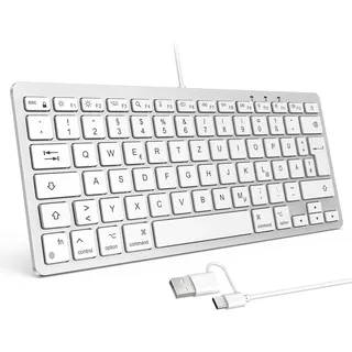 OMOTON Kabelgebundene-Mac-Tastatur, Tastatur Kabel mit Dualem Anschluss (Type C/USB), Flüsterleise Tasten & Stabiler Verbindung, Deutsches Layout (QWERTZ) kompatibel mit MacBook, iMac, Mac mini