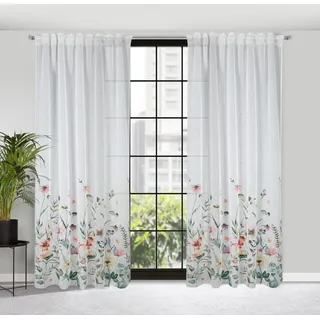 Eurofirany Gardine Landhaus Gardinen mit Blumenmuster aus Etamin Rosa Weiß Blau Bunt, Kräuselband, Durchsichtige Vorhänge Gesmuster Wohnzimmer Ösenschal Blumen 140 cm x 270 cm