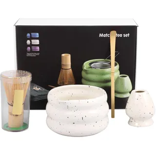 BAODBF 4 Stück Matcha Tea Set,Bambus Matcha Whisk,Keramik Sandglasur Matcha Bowl,Matcha Zubehör mit Tee Stand,Tee Dial,Mix Brush,Matcha Set für Teeliebhaber(Weiß)