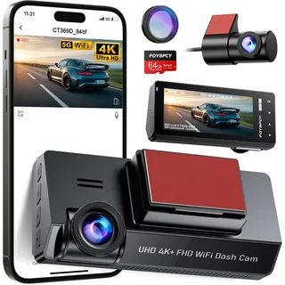 Dashcam Auto Vorne Hinten 4K+1080P,Dash Cam mit CPL Filter,AutoKamera 360° mit 64G SD Karte,5GHz WiFi Dashcam,3.69" IPS Bildschirm,Nachtsicht,170°Weitwinkel,G-Sensor,Loop-Aufnahme,Parküberwachung