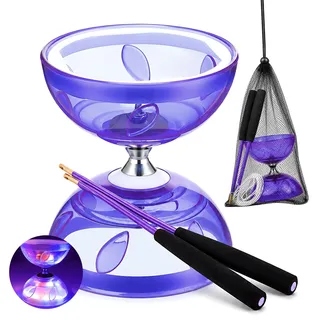 ZMCVOE Diabolo mit Kugellager, Led Diabolo Kugellager mit Professionellem Stick, Transparent Weichgummi DIABOLO Leuchtend, Jonglierspielzeug für Erwachsene, Profispieler und Anfänger (Lila)