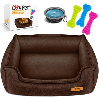 Lovpet Hundebett Hundekissen Hundekorb Chiller, Inkl. Napf + 3X Kauknochen, Hundesofa Kissen für Kleine, Mittelgroße & Große Hunde, Bezug abnehmbar und waschbar,