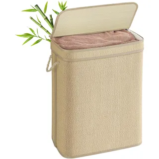 Songmics Wäschekorb, 90 Liter, aus Bambus, mit Deckel, naturfarben