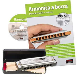 CASCHA Mundharmonika Anfänger Set mit italienischer Schule, Blues Harmonica spielen lernen, inklusive Case, Pflegetuch und Lehrbuch, C Dur Harmonika
