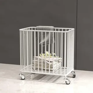 Wäschekorb Mit Rollen, Fahrbarer Wäschewagen Aus Metall Mit Zugring, Organizer Für Schmutzwäsche, Multifunktionaler Aufbewahrungskorb Für Wohnzimmer Und Schlafzimmer(White,40cm)
