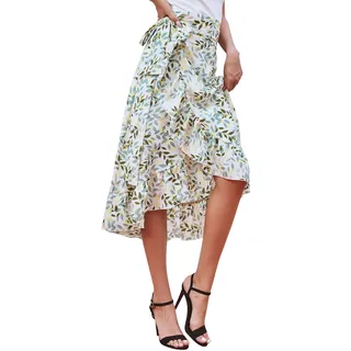 Runstarshow Damen Sommer-Wickelrock, Blumendruck, hohe Taille, Midi-Rüschenrock mit Schlitz Gr. 48, Grün 2 - 48
