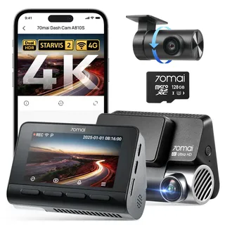 70mai 4K Dashcam Auto Vorne Hinten A810S, 4K+1080P Dual STARVIS 2 IMX678, HDR Auto-Dashcam mit Night Owl Vision, WiFi&App Steuerung, 4G LTE, ADAS, 24/7 Parküberwachung, 128GB Micro SD-Karte