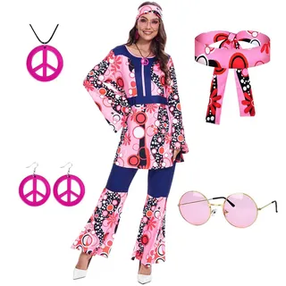 Betensh Hippie Kostüm Damen, 70er Jahre Outfit Damen, Hippie Kleidung für Karneval Cosplay (XL)