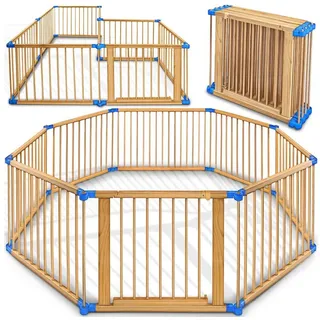 KIDUKU Laufgitter 7,2 Meter Laufstall XXL klappbar inkl. Tür, bestehend aus 8 Elementen (mit doppelter Sicherung für Kinder Krabbelgitter), Absperrgitter individuell formbar blau