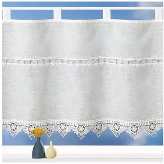 heimtexland Scheibengardine Landhaus Gardine Leinen Optik natur Kurzstore (1 St), Schlaufen, halbtransparent, Polyester, Schlaufen Bistrogardine 45x120 cm I Makramee Borte beige