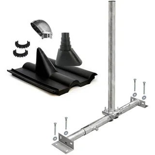 PremiumX Dachsparrenhalter Satellitenschüssel Montage Set Sparrenhalter feuerverzinkt Frankfurter Dachziegel schwarz SAT Mastkappe