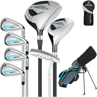 XDriveMax Komplettes Damen Golfschläger Set,8 Teilige Golf Set Linkshänder,Inklusive Stand Bag mit Regenhaube,3# Fairway Wood mit Head Covers, 5# Hybrid, 5#, 7#, 9# S# Eisen und Putter