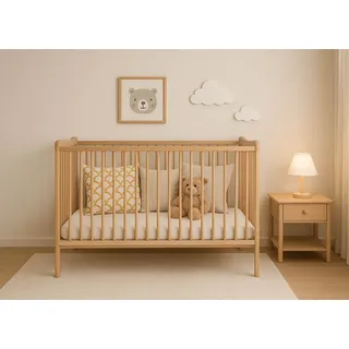 baby happy bliss Babybett 120x60 cm aus Holz (Buche) – 3-fach höhenverstellbar, herausnehmbare Sprossen, Natürlich - Naturbelassen