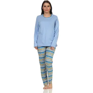Damen Schlafanzug Pyjama Langarm im Ethnolook - 66626, Farbe:hellblau, Größe:40-42 - 40-42