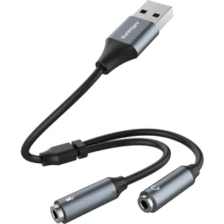 ANDAPA USB-Headset-Adapter, USB-Audio-Adapter, Stereo, externe Soundkarte mit 3,5-mm-Kopfhörer- und Mikrofonanschluss für Windows, Mac, Linux, PC, Laptops, Desktops, PS5