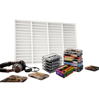 FabaCare MC-Kassetten Regal aus Holz – 60 Fächer, Sammler-Display für Audiokassetten, Musikkassetten-Regal, für Hörspielkassetten, Kassetten Wandboard aus Naturholz, Farbe: weiß