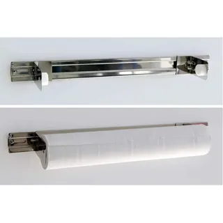 Ärzterollenhalter-Rollenhalter für Liegenababdeckung-Ärztekrepphalter | Edelstahl verchromt | zur Wandmontage und Befestigung an Liege | Maße mm: 115 x 650 x 7 (HxBxT) | bis max. 65 cm Breite