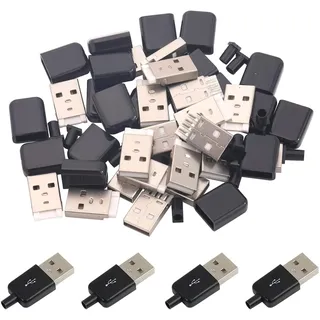 Harrisen 20 Set USB 2.0 Typ A Stecker 4 Pin mit schwarzer Kunststoffabdeckung,Stecker für DIY Unterstützung Modul Adapter zum Löten von Drähten und Kabeln