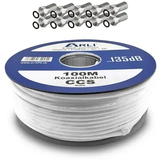 ARLI 100m ARLI Koaxialkabel + 10x F-Stecker TV-Kabel, fStecker, Sat (10000 cm), 100 m TV Sat Koax Antennen Kabel 5-fach geschirmt Verlegekabel Set weiß