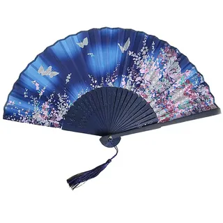 Yukiyi Handfächer für Damen, faltbar, Bambus-Fächer mit Quaste, Seidenstoff, Wanddekoration, Hochzeit, Party (Hellblau)